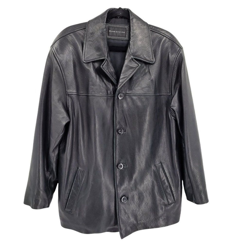 Vintage 90's Baracuta Black Grained Leather Button Down Blazer Jacket Sz S
